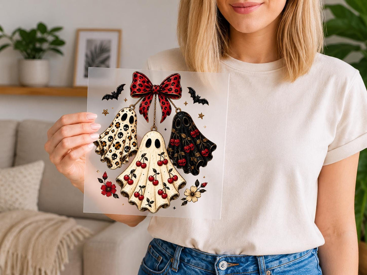 Cute Halloween Ghost DTF Transfer – Vintage Cherry Bow Spooky Shirt Design