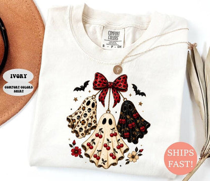 Cute Halloween Ghost DTF Transfer – Vintage Cherry Bow Spooky Shirt Design
