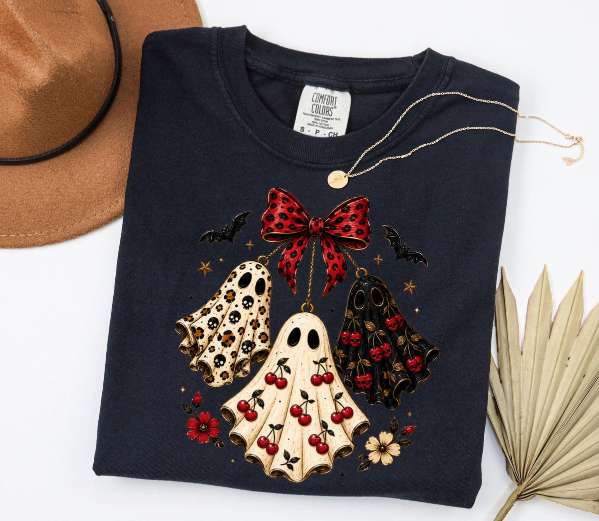 Cute Halloween Ghost DTF Transfer – Vintage Cherry Bow Spooky Shirt Design