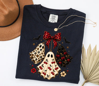 Cute Halloween Ghost DTF Transfer – Vintage Cherry Bow Spooky Shirt Design
