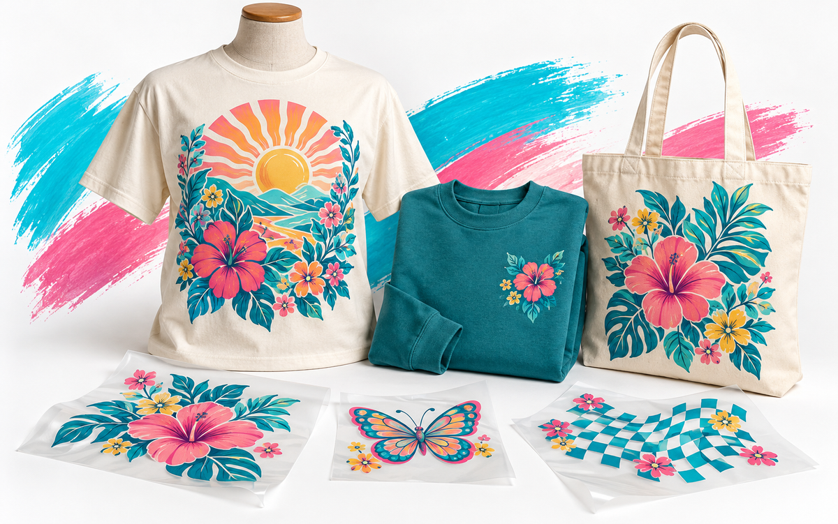 Printed cotton apparel and a tote with separate DTF transfer designs in different sizes.