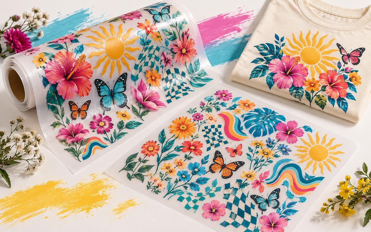 Colorful DTF gang sheets with floral and butterfly artwork beside a printed T-shirt.
