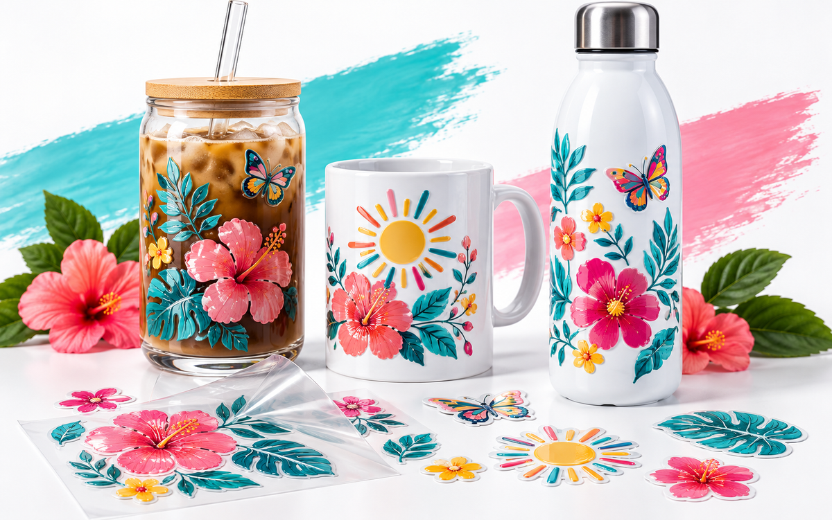 Floral UV DTF decals on a glass tumbler, ceramic mug and reusable bottle.